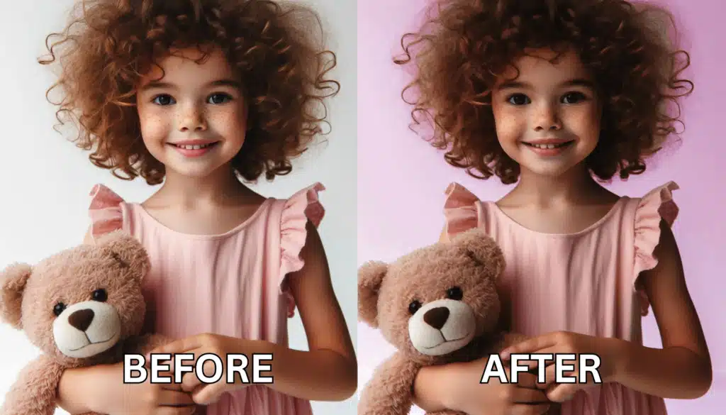 Side-by-side comparison of a young girl with a teddy bear, showing the original white background and the modified pink background created in Photoshop.