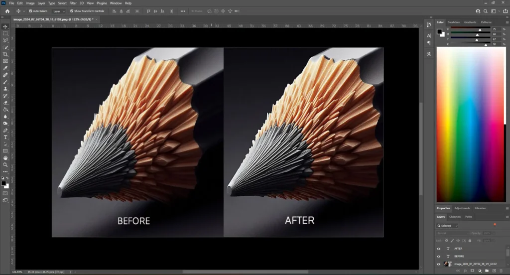 A before-and-after comparison of a sharpened pencil in Photoshop, demonstrating the effects of the Unsharp Mask filter on image clarity and sharpness.