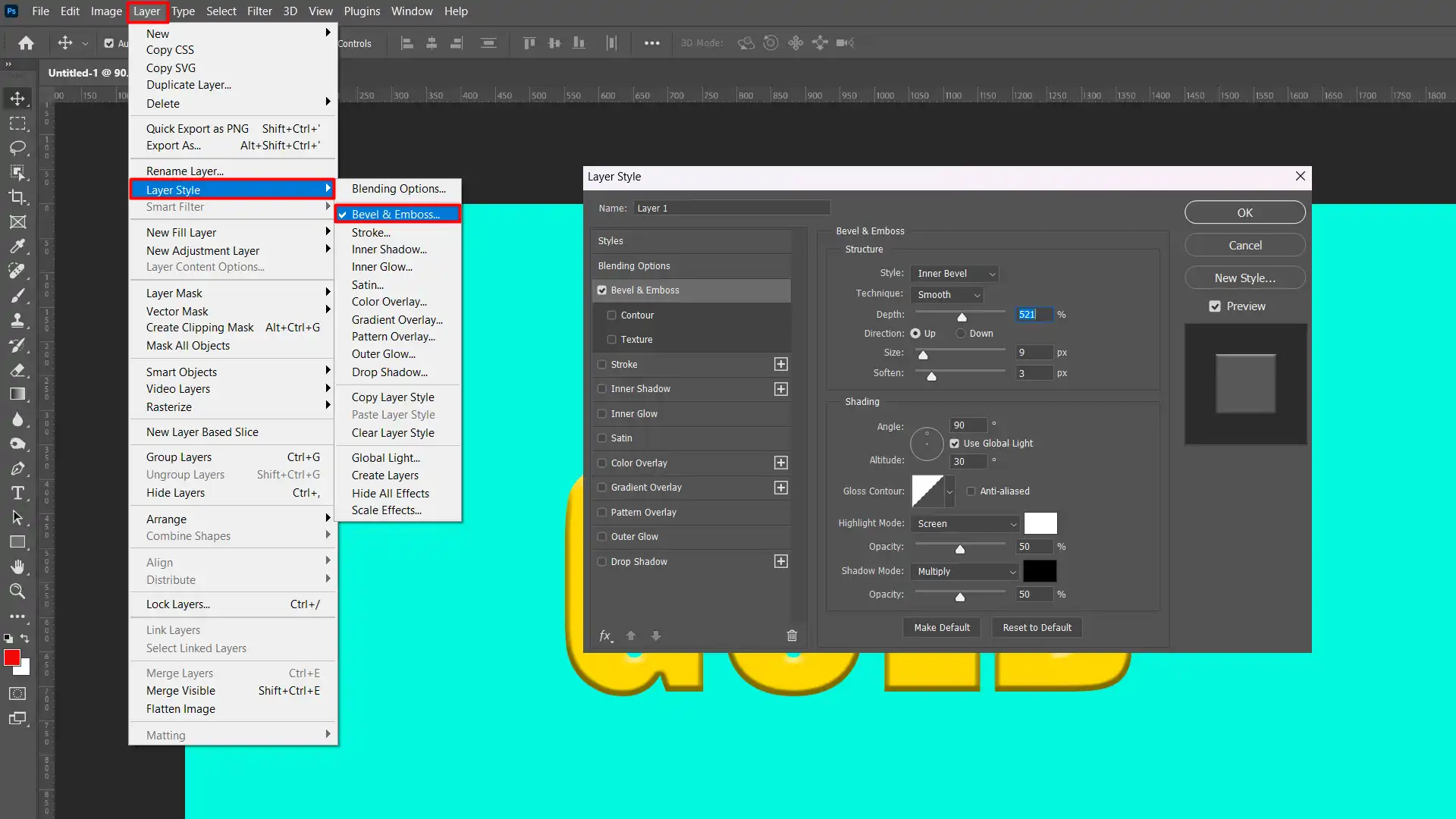 Screenshot showing the selection of the "Bevel & Emboss" option from the "Layer Style" menu in Photoshop, with detailed settings for embossing text.
