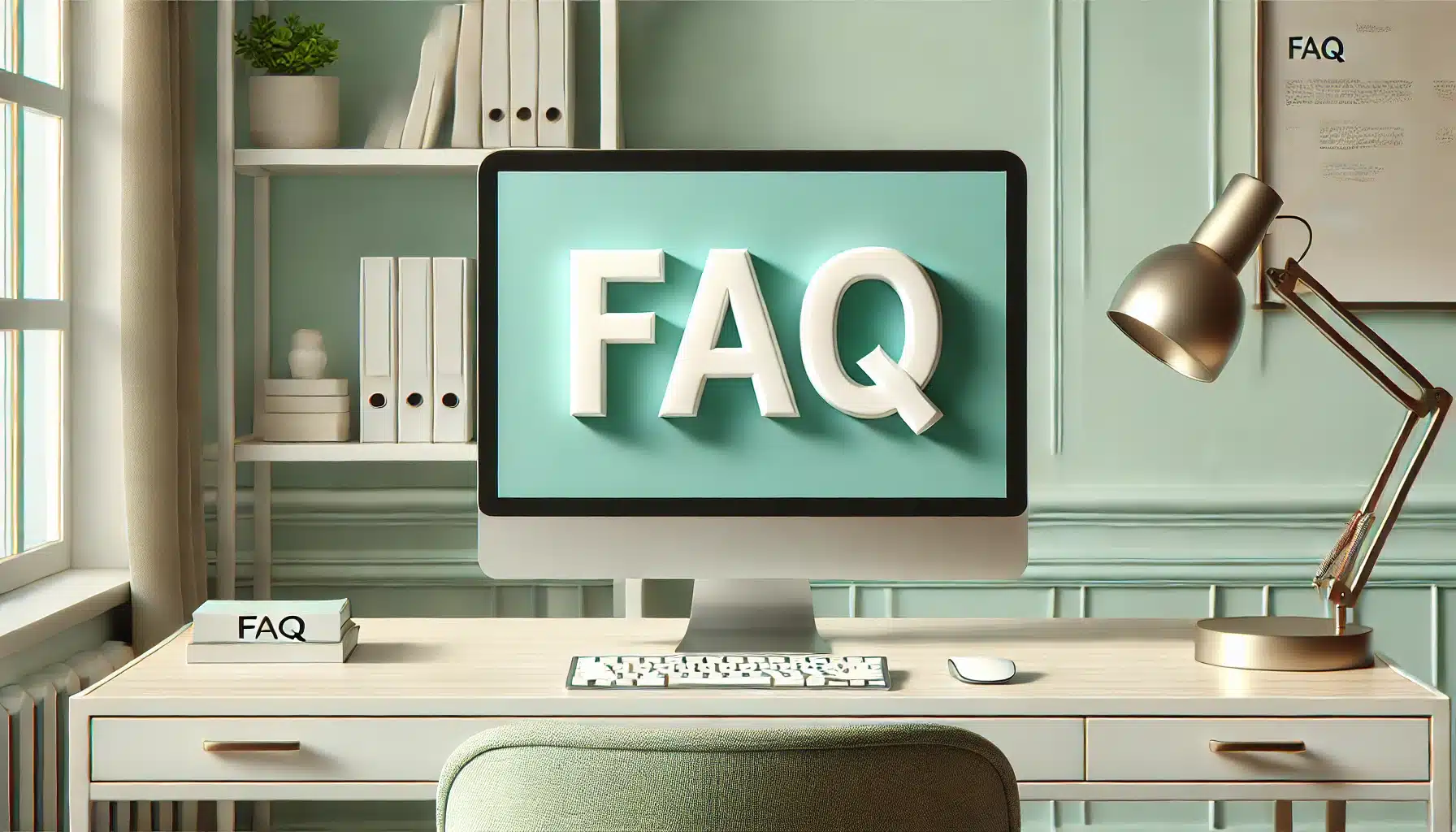 A desktop computer on a modern, minimalistic desk. The computer screen displays the word "FAQ" in large, bold letters. The background features a combination of mint green and white colors.