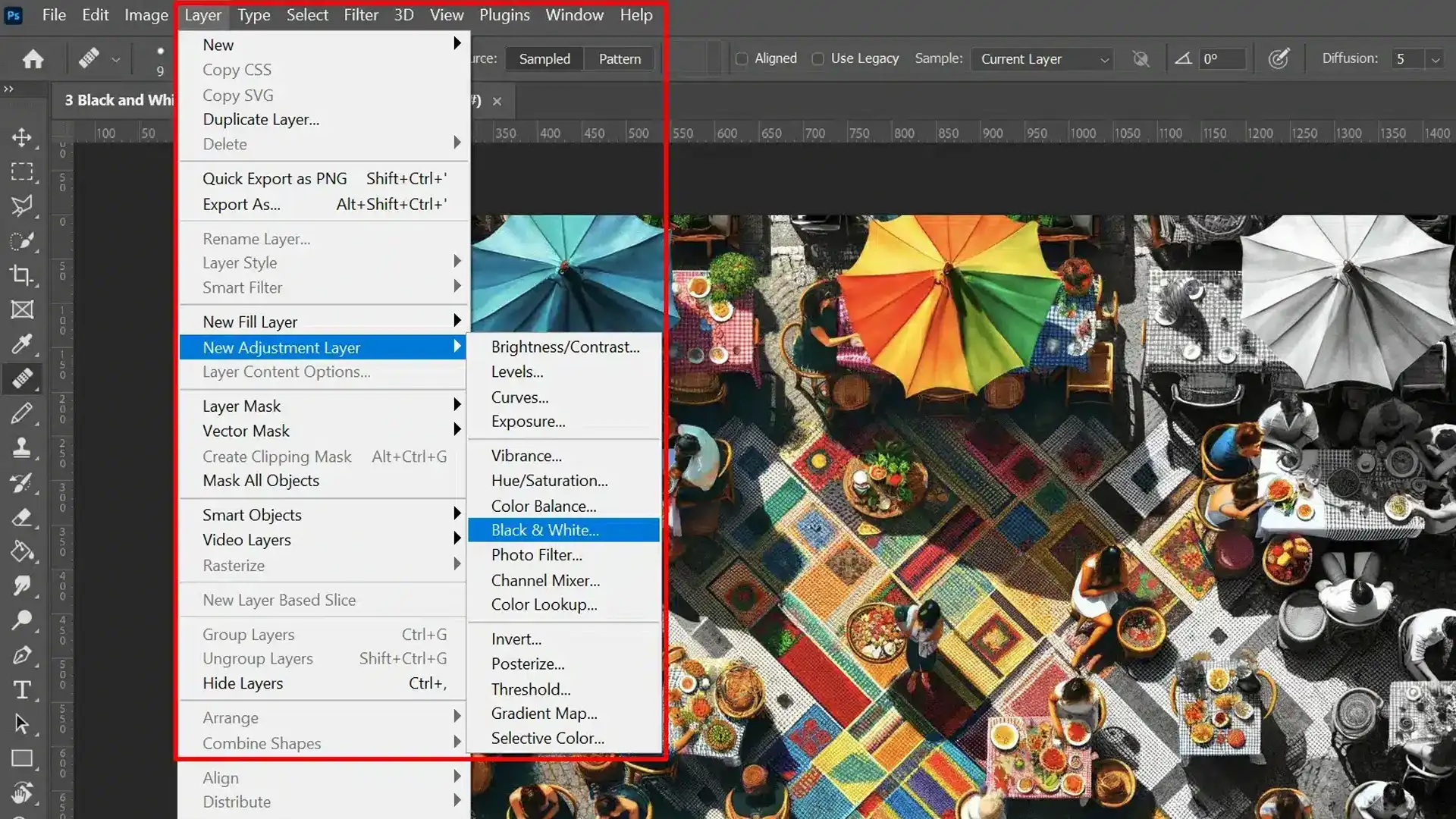 Screenshot of Photoshop interface with an image being converted to black and white using the Black and White adjustment layer.