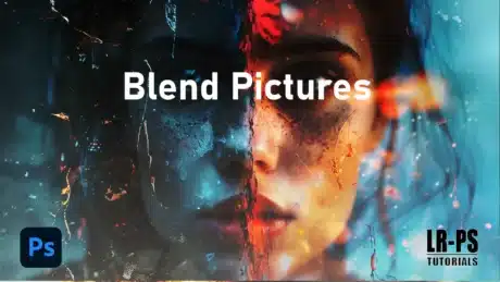 Digital artwork of a face split into two halves, one blue and one orange, with the text 'Blend Pictures' overlay