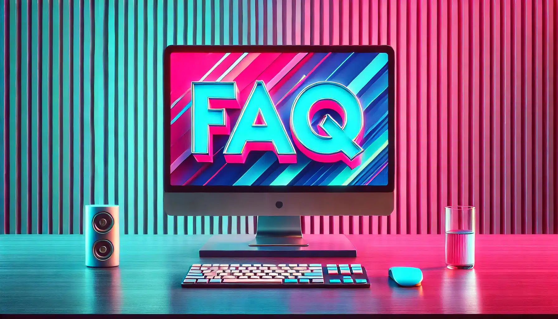 A modern PC setup with a cyan and pink background, displaying the text 'FAQ' in big, bold letters on the screen.