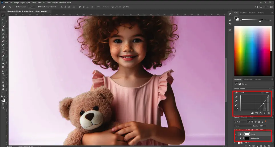 Young girl with a teddy bear and a light pink background in Photoshop, with Curves Adjustment Layer applied for blending.