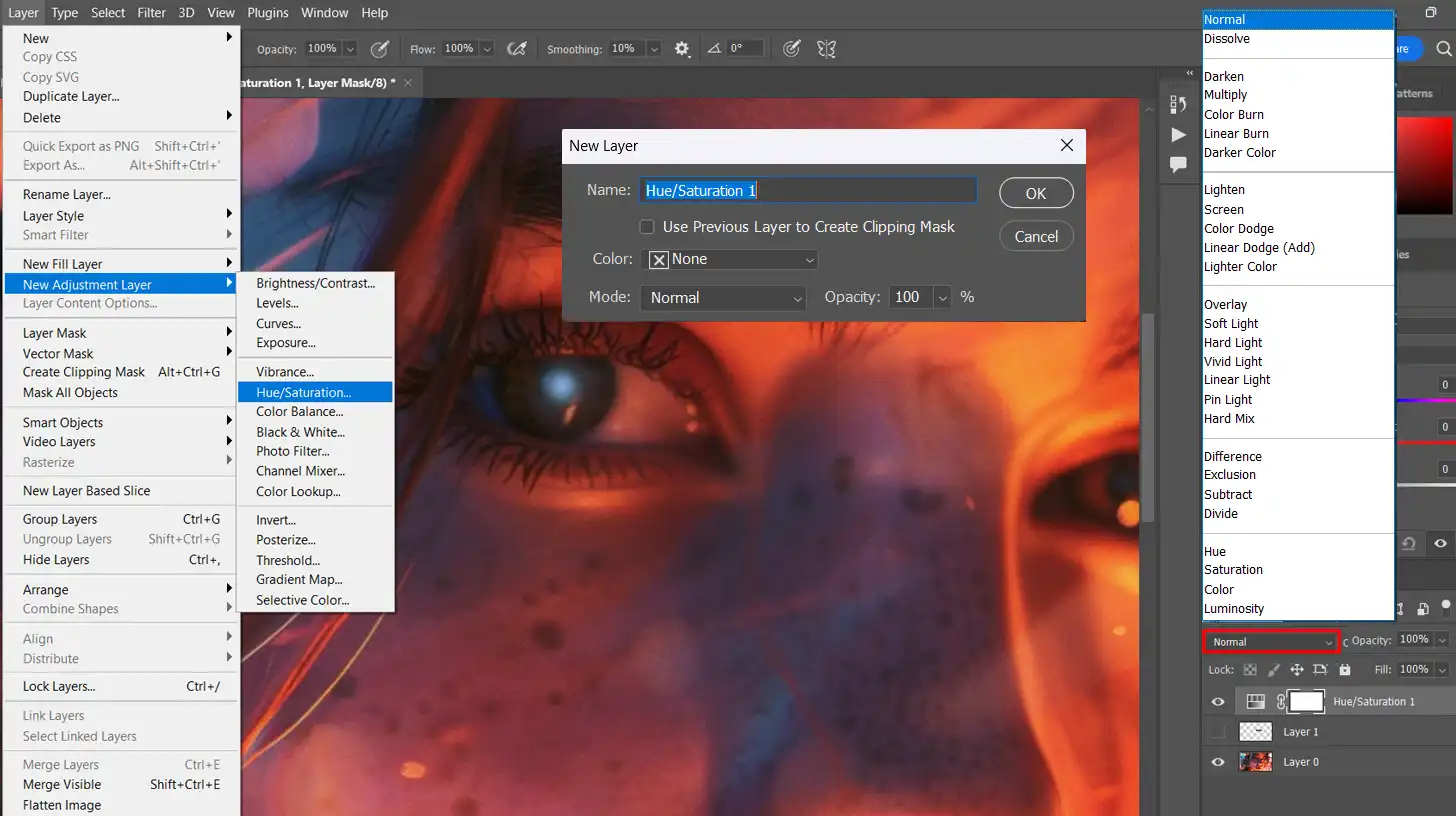 A Photoshop interface with blending modes for adjusting the realism of eye color changes