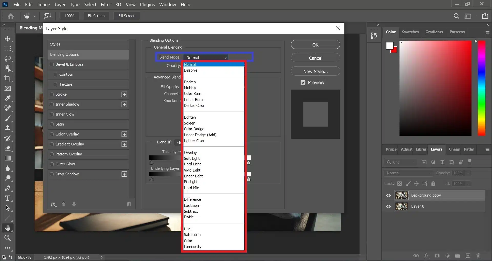 Adobe Photoshop interface showing the Layer Style dialog box with various blending mode options listed. The background includes editing tools and a partial view of a desk.