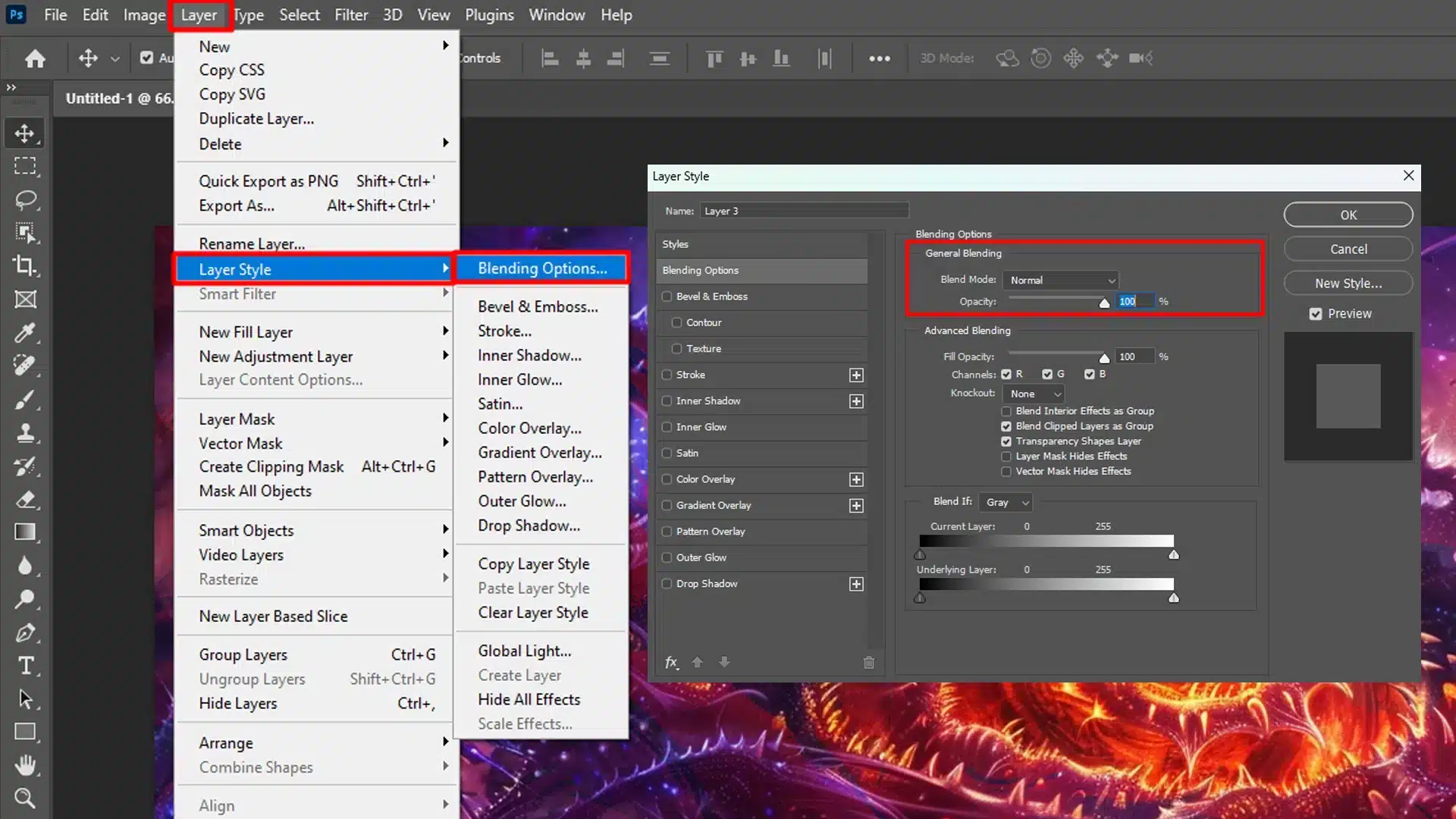 Adobe Photoshop interface with two images being blended together.