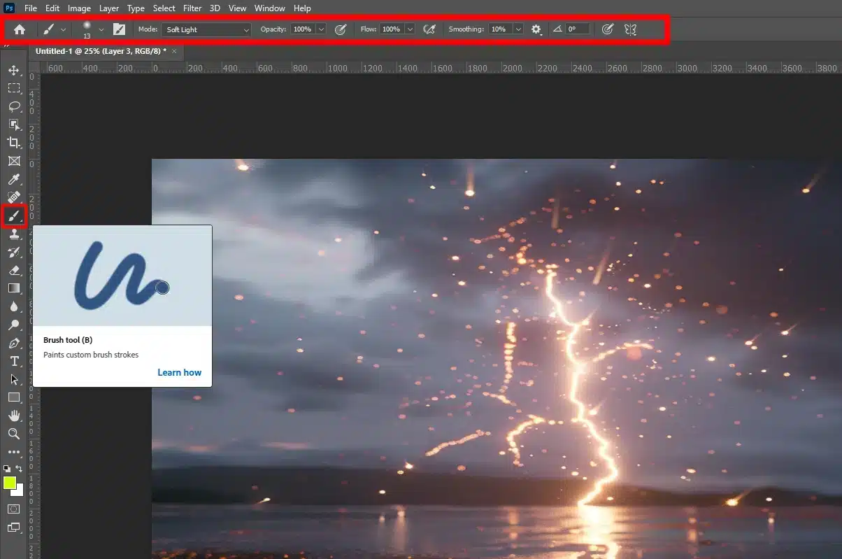 A screenshoot with the Brush Tool selected, showing settings for creating lightnings