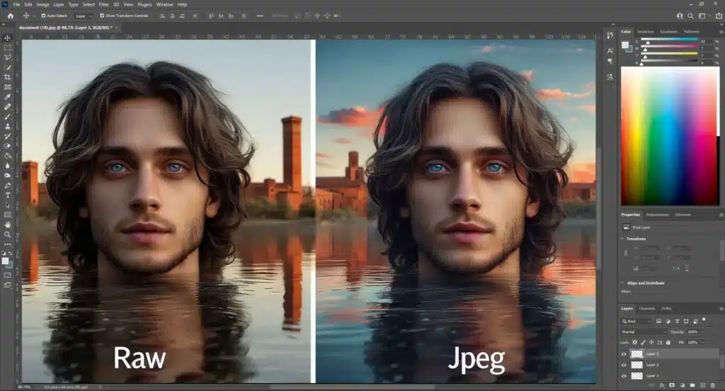 Side-by-side comparison of a portrait photo in Camera Raw and JPEG formats in Adobe Photoshop.