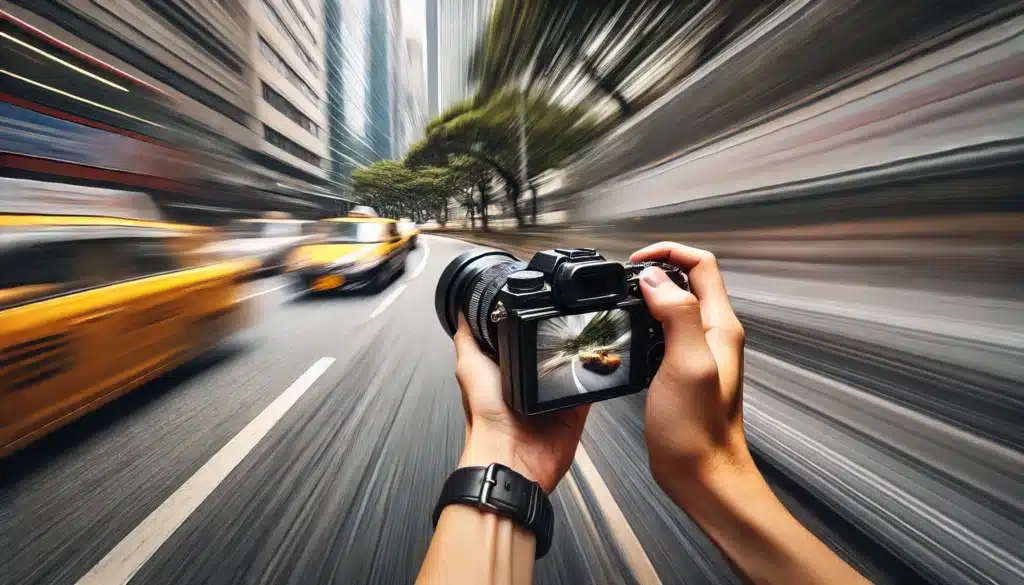 A person holding a camera capturing a fast-moving taxi in a city street, demonstrating the rolling shutter effect.