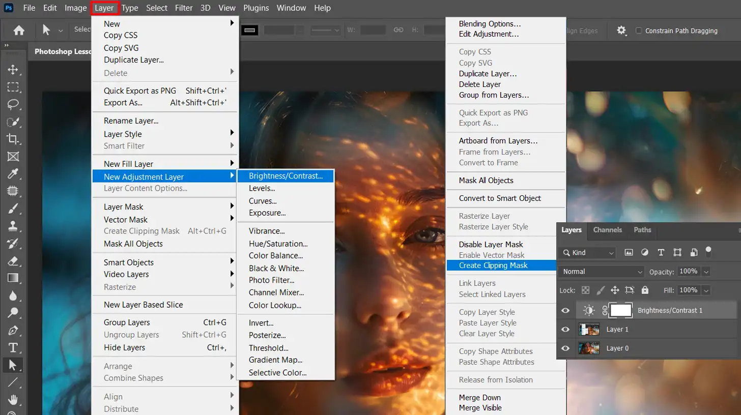 An interface demonstrating the creation of clipping masks with various layer and mask options highlighted