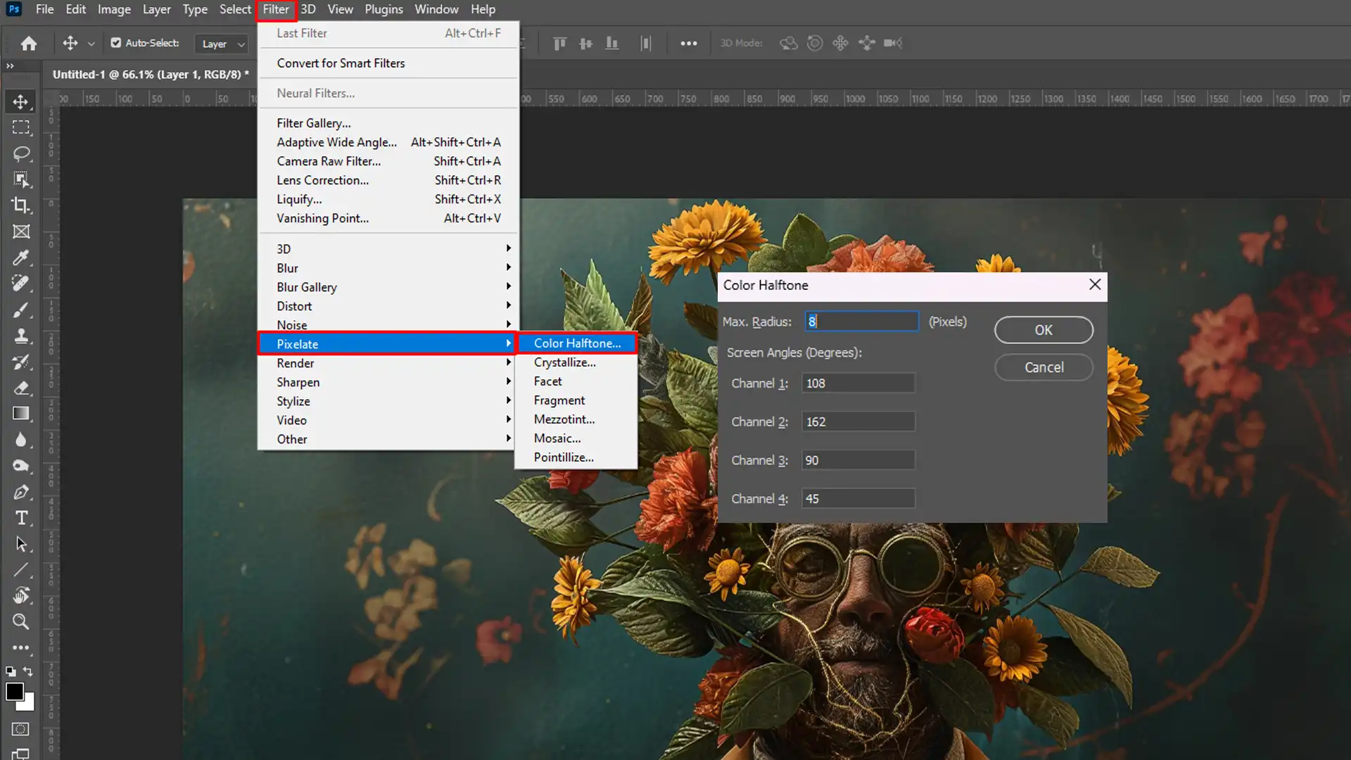 Photoshop interface with the Edit Color Settings menu open, highlighting the CMYK settings for U.S. Web Coated (SWOP) v2.