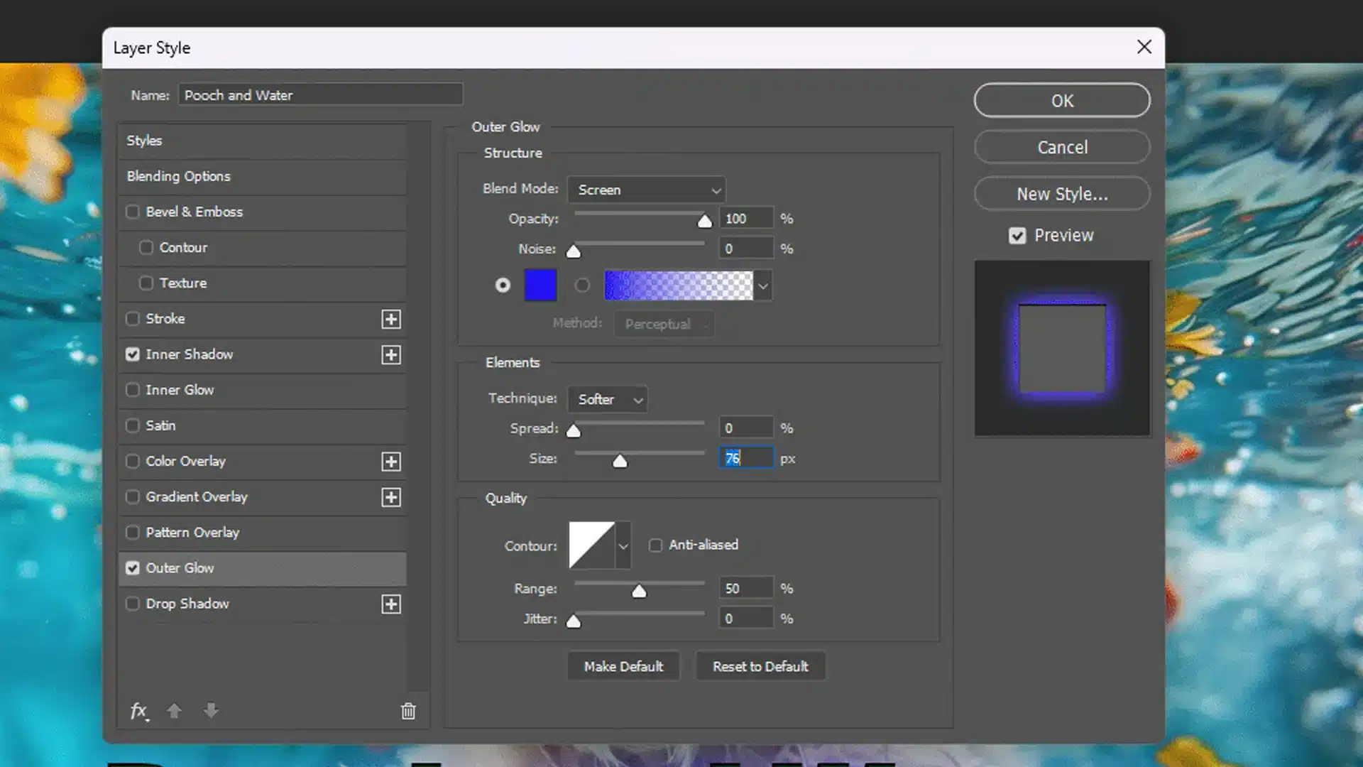 Screenshot of Adobe Photoshop interface with the ‘Layer Style’ dialog box open, showing the ‘Outer Glow’ settings. The background layer displays an underwater scene with text “Pooch and Water.”