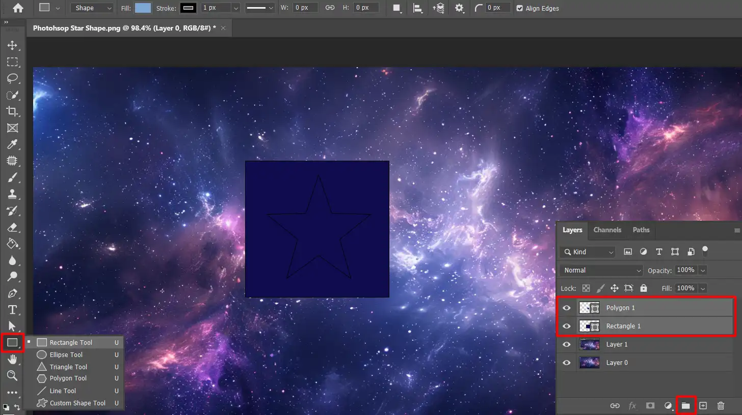 Photoshop workspace showing a star shape over a cosmic background, with multiple layers including a rectangle shape in the Layers panel