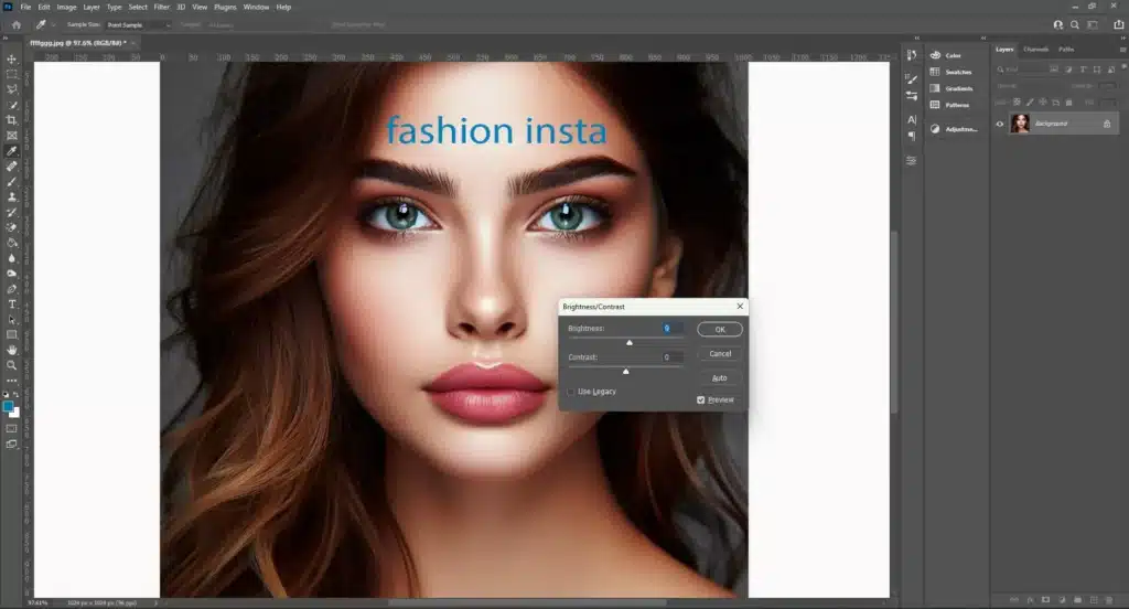 High-quality image of a woman with the text 'fashion insta' on her forehead. The Brightness/Contrast adjustment dialog is open, fine-tuning the final image.