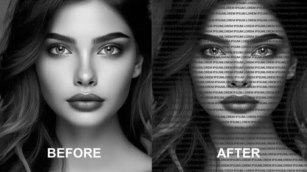 Comparison of a woman's portrait before and after applying a text portrait effect in Photoshop. The 'before' image on the left shows a clear, high-contrast portrait, while the 'after' image on the right blends the portrait with repeated text, creating a visually striking effect.