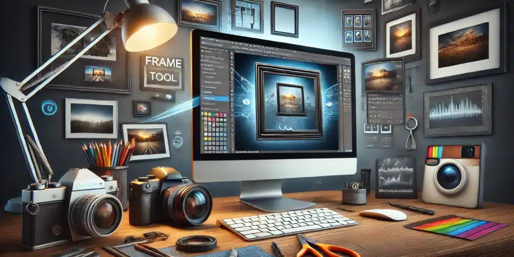 Professional workspace showing the conclusion with a computer screen, camera, editing tools, and completed photo project.