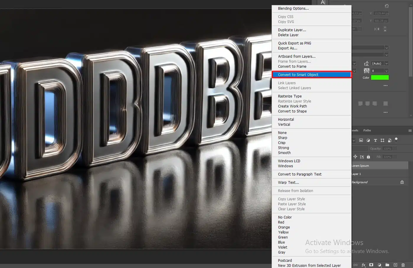 A screenshot of Photoshop's context menu showing the option to convert a layer to a Smart Object, with a 3D text effect visible in the background.