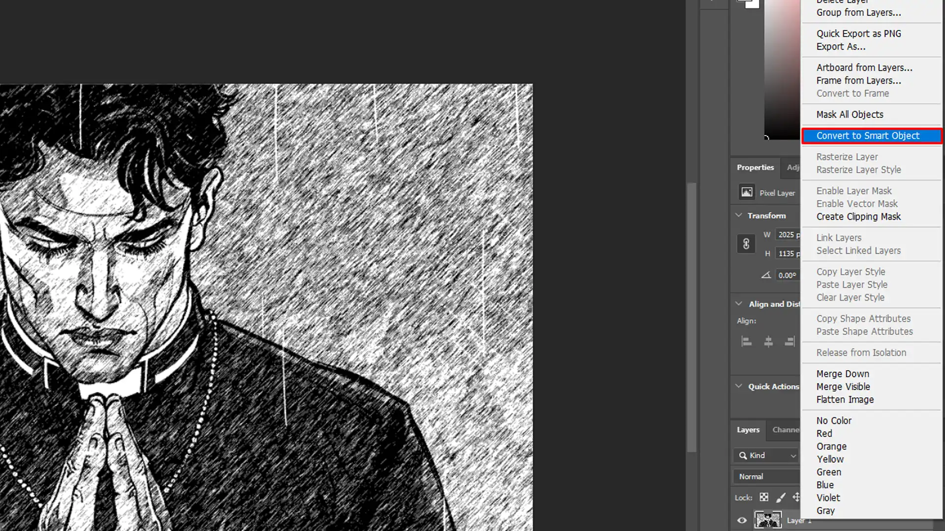 Photoshop interface showing the Convert to Smart Object option highlighted in the layer context menu, with a sketch effect applied to a portrait.