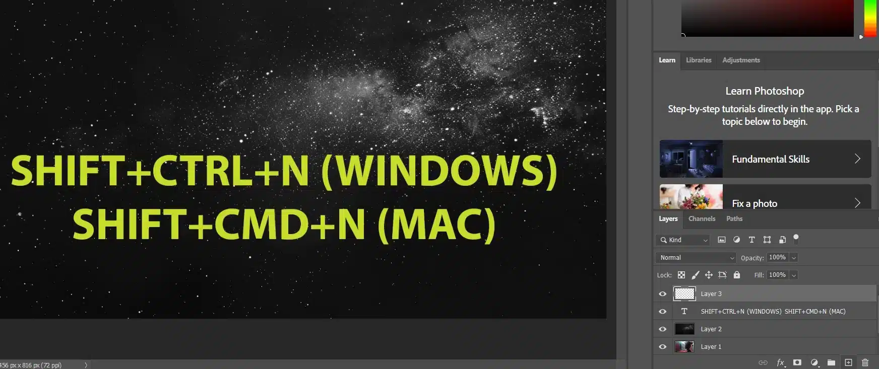 Photoshop interface showing the creation of a new blank layer with a shortcut command displayed in bright green text.