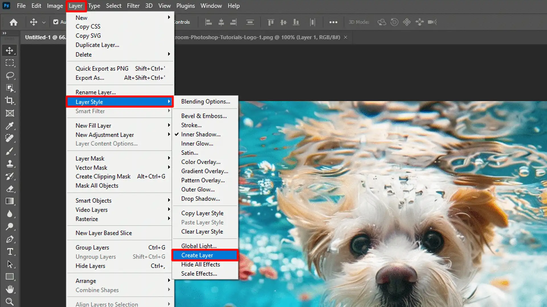 Screenshot of Adobe Photoshop interface with the layers panel and a drop-down menu showing options like “Duplicate Layer,” “New Fill Layer,” and “Layer Style.” The image within the software shows a dog’s face partially submerged in water.