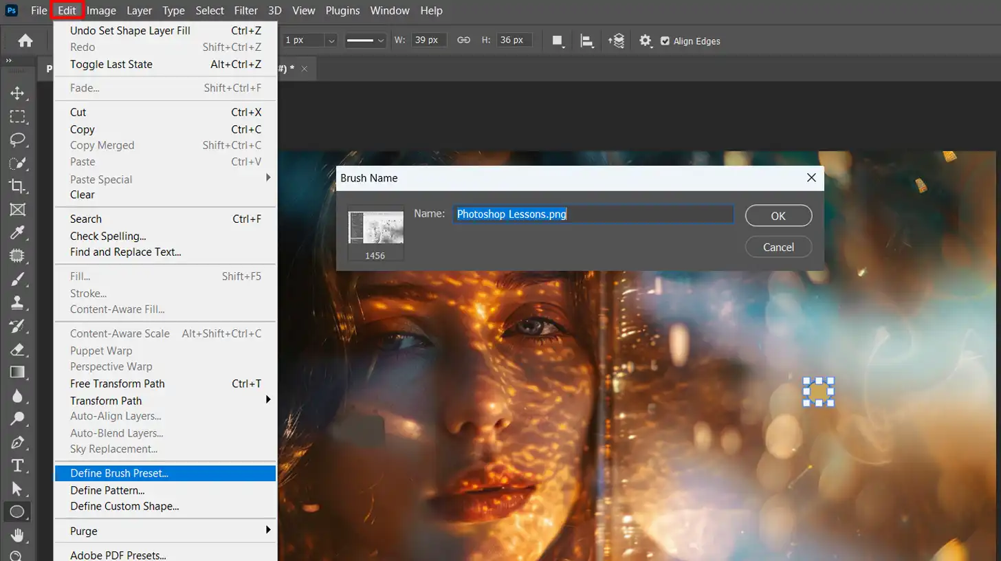 Photoshop interface displaying the process of defining a new custom brush preset from an image