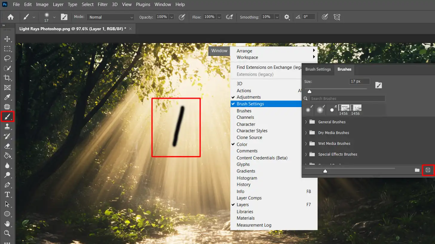 Photoshop interface showing brush settings for creating custom light ray brushes