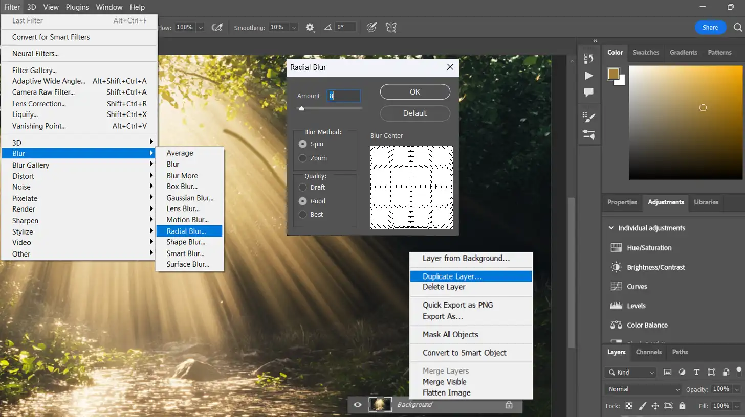 Photoshop interface with radial blur filter settings applied to a landscape image