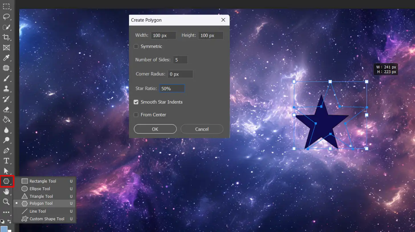 Photoshop interface with the 'Create Polygon' dialog box open, displaying options for creating vector star shapes, including 'Star Ratio' and 'Smooth Star Indents'.