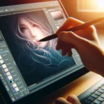 Graphic designer using a graphics tablet to add a soft glow effect to a digital portrait in Adobe Photoshop