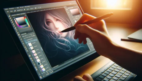 Graphic designer using a graphics tablet to add a soft glow effect to a digital portrait in Adobe Photoshop