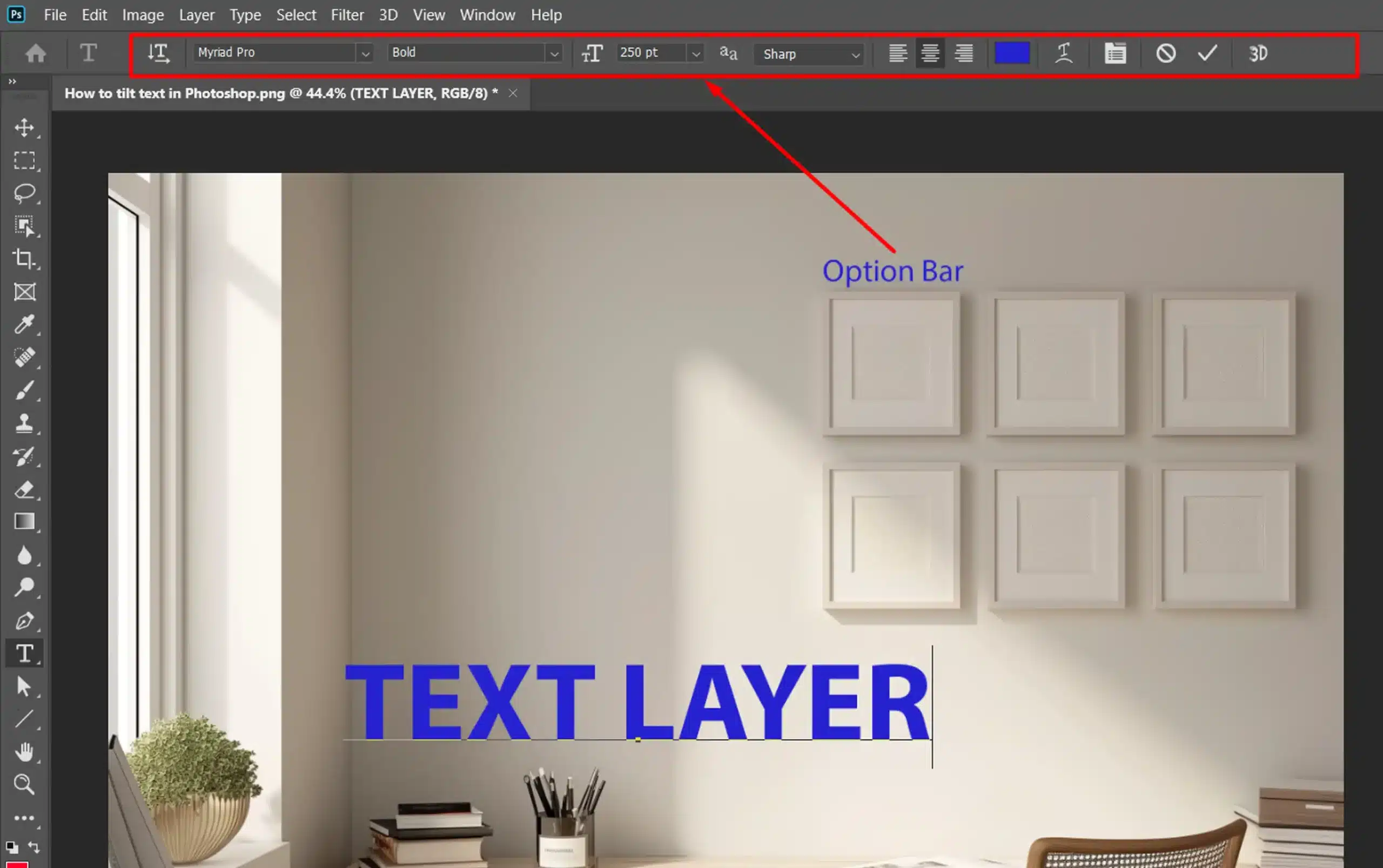 Photoshop interface showing a newly created text layer with the option bar highlighted