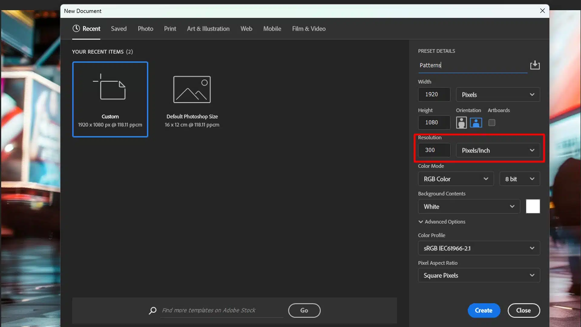 New document window with resolution set to 300 pixels per inch being set up to make a pattern.