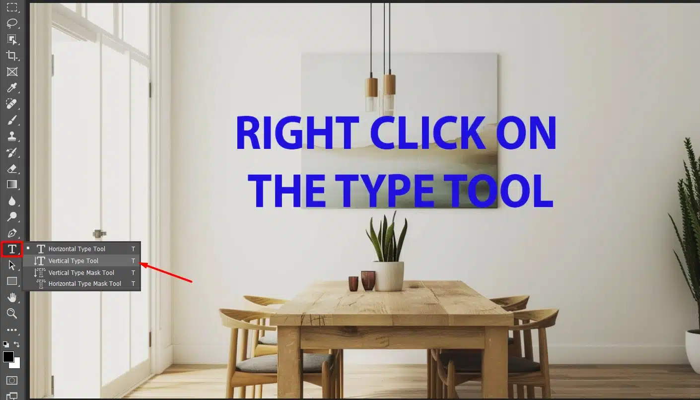 Screenshot of Photoshop interface highlighting the vertical text tool
