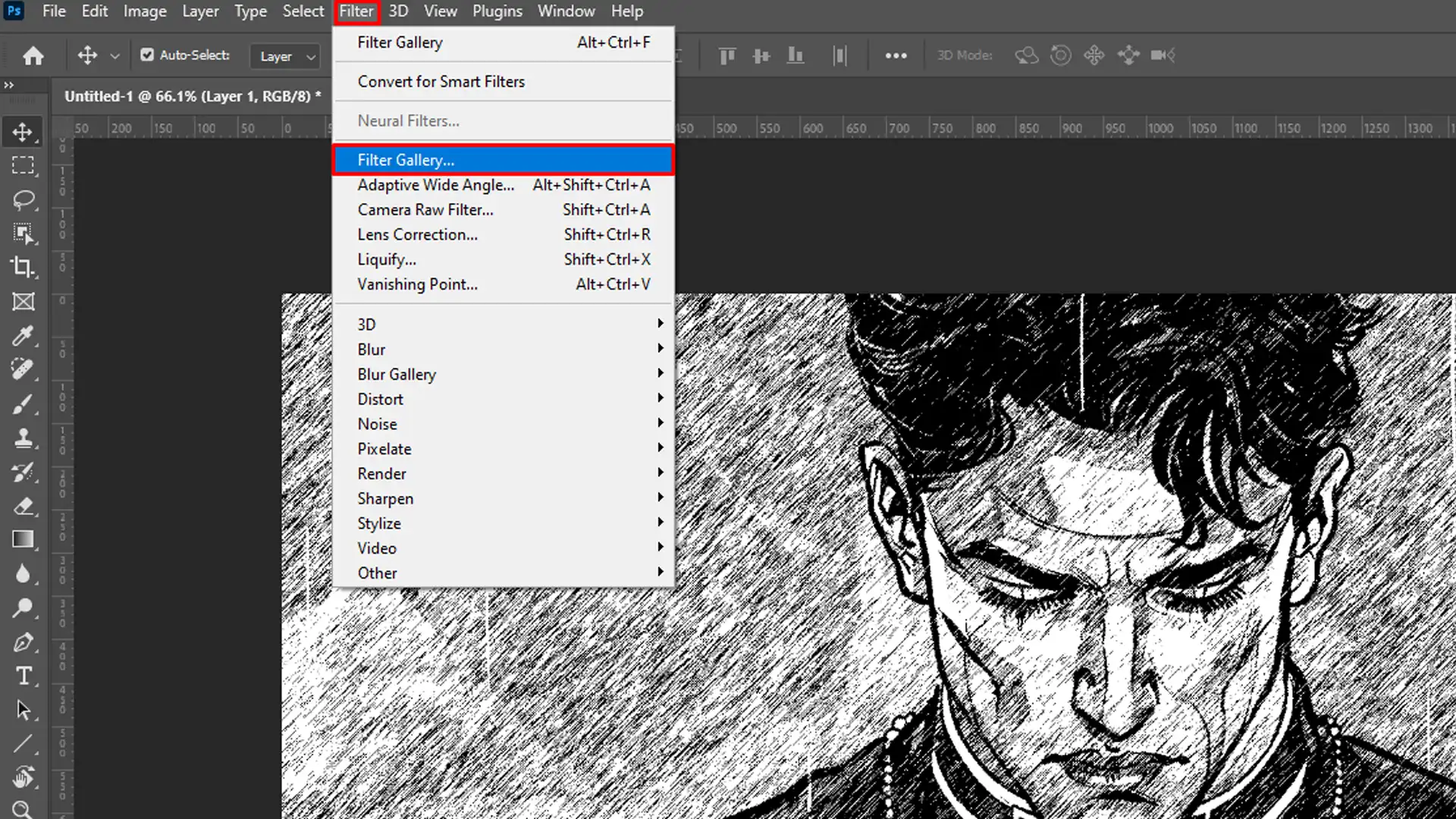 Photoshop interface showing the Filter menu with the Filter Gallery option highlighted, used to transform an image.