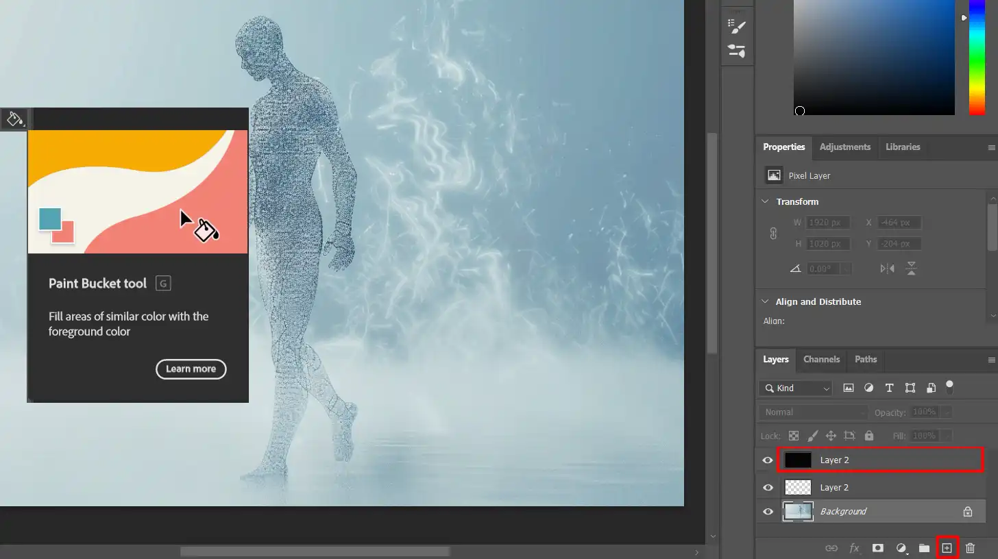 Photoshop interface showing the layers panel with a paint bucket tool highlighted and a figure in the background