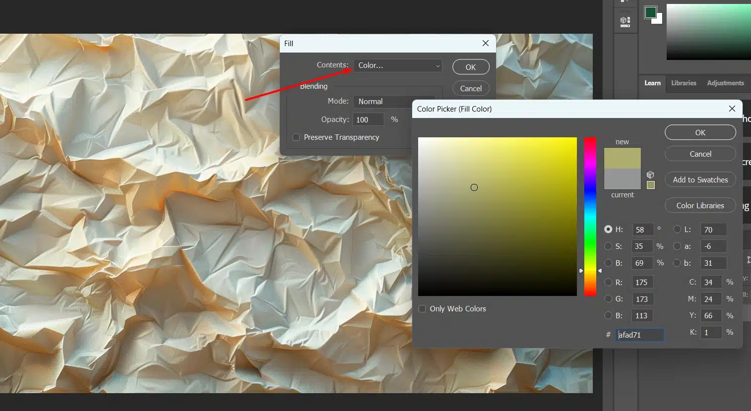 Photoshop color picker and fill menu, showing the process of filling a layer with a selected color