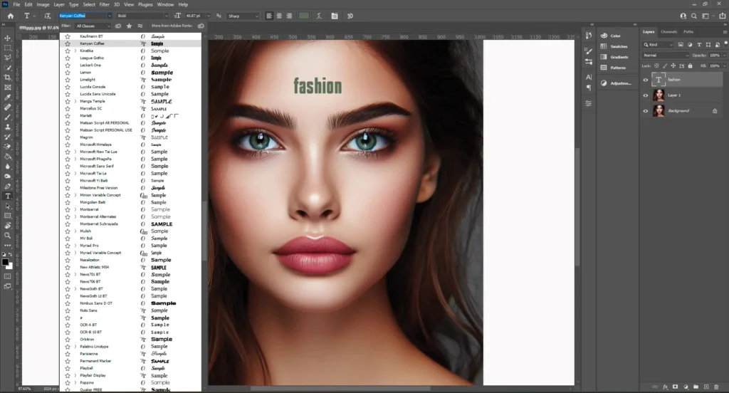 Photoshop interface showing a high-quality portrait of a woman with the word 'fashion' typed on her forehead, and a list of fonts on the left side of the screen.