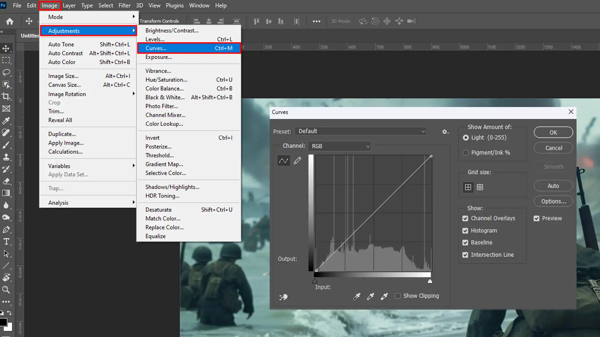 A screenshot of Photoshop's 'Image' menu with the 'Curves' adjustment option highlighted and the 'Curves' dialog box open.