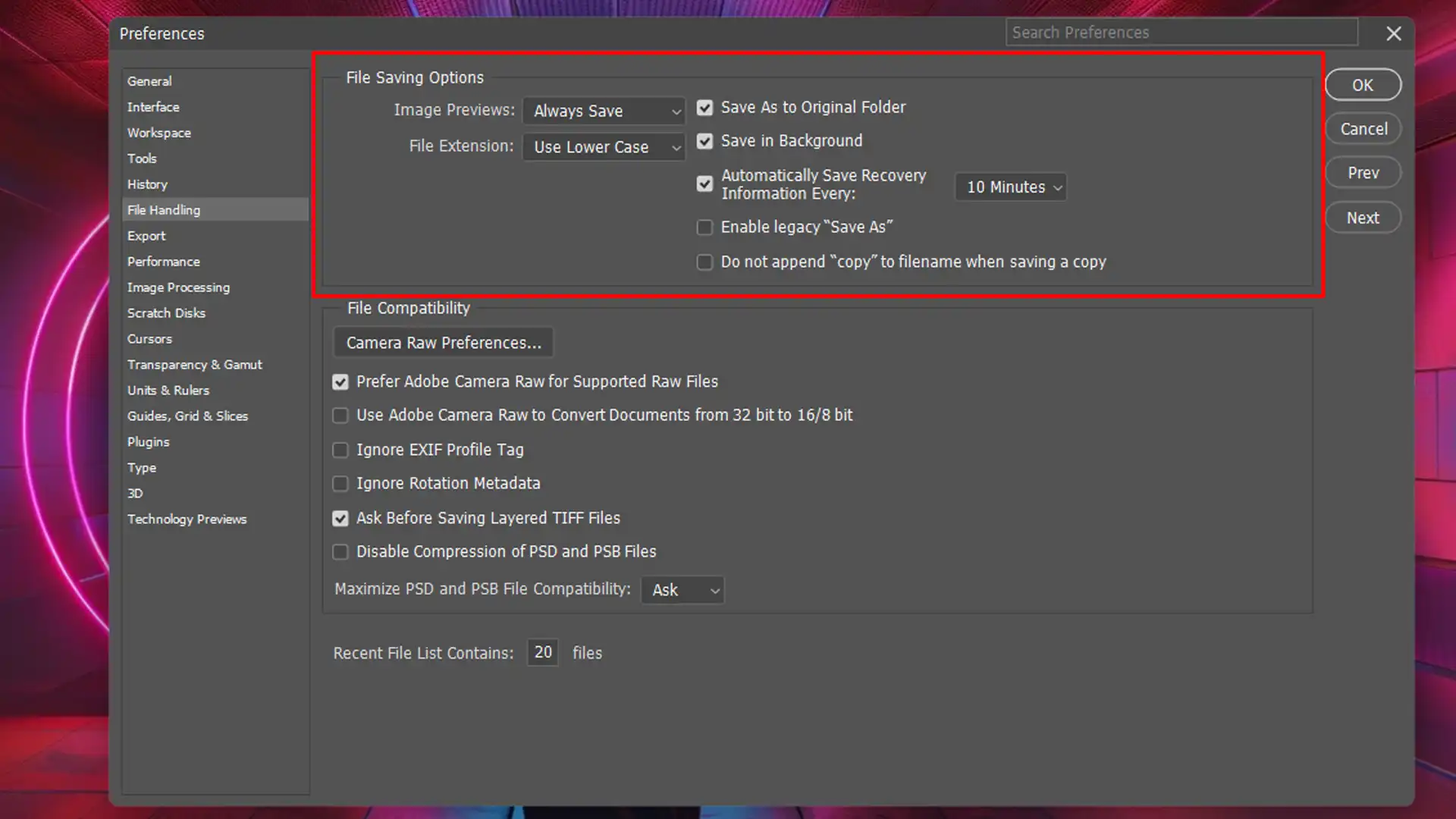 Preferences window showing file saving options with various settings highlighted.