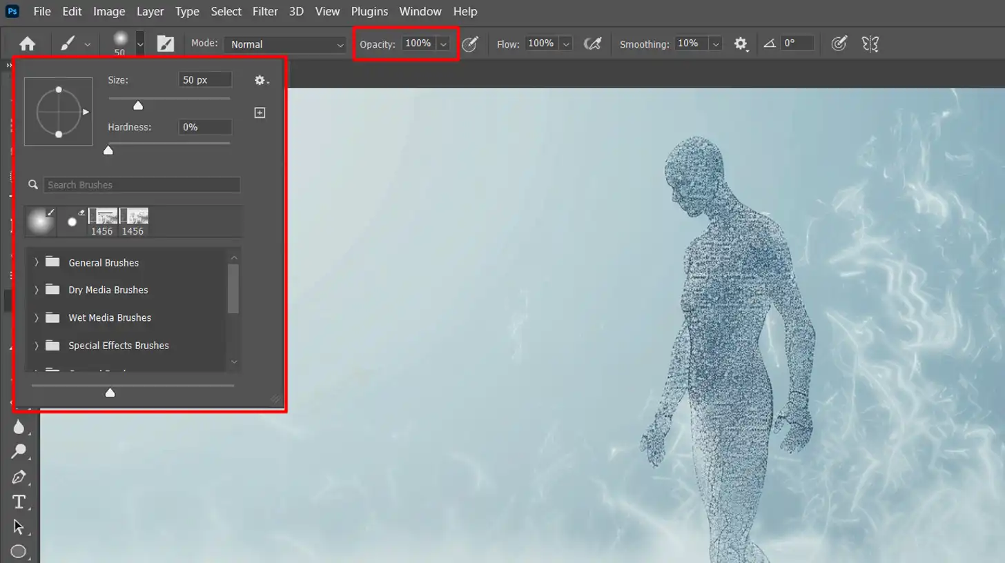 Photoshop brush settings panel with a figure composed of particles in the background