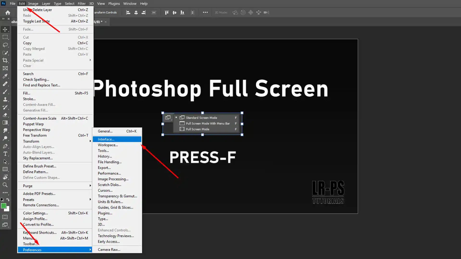 A screenshot showing a tip for using Adobe Photoshop, a small settings window labeled ‘Standard Screen Mode’, ‘Full Screen Mode With Menu Bar’, and ‘Full Screen Mode’ in the center, and the instruction “PRESS-F” at the bottom, all against a dark background with a Photoshop (Ps) icon on the left.