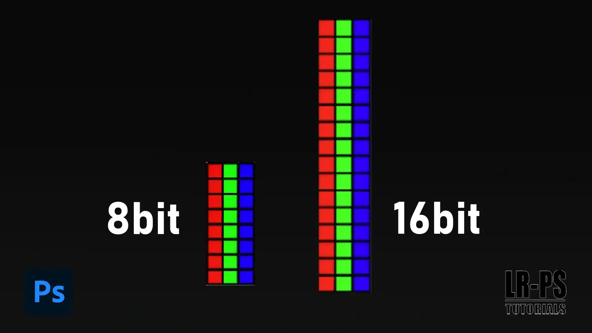 A digital image comparing 8-bit and 16-bit color depth. On the left, a shorter bar labeled “8bit” is composed of larger, distinct squares of red, green, and blue. On the right, a taller bar labeled “16bit” consists of smaller squares in the same colors but with more shades, indicating a smoother gradient.