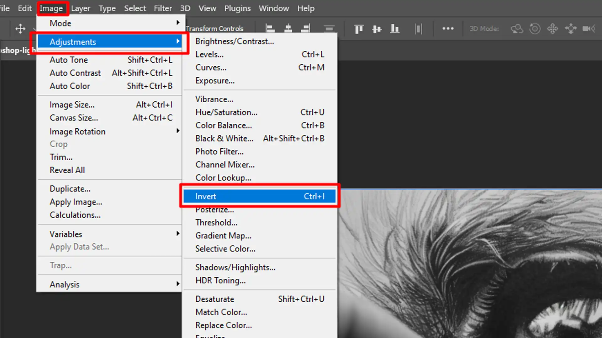 Adobe Photoshop interface showing the Adjustments menu with the Invert option highlighted, demonstrating how to turn a photo into a sketch in Photoshop.