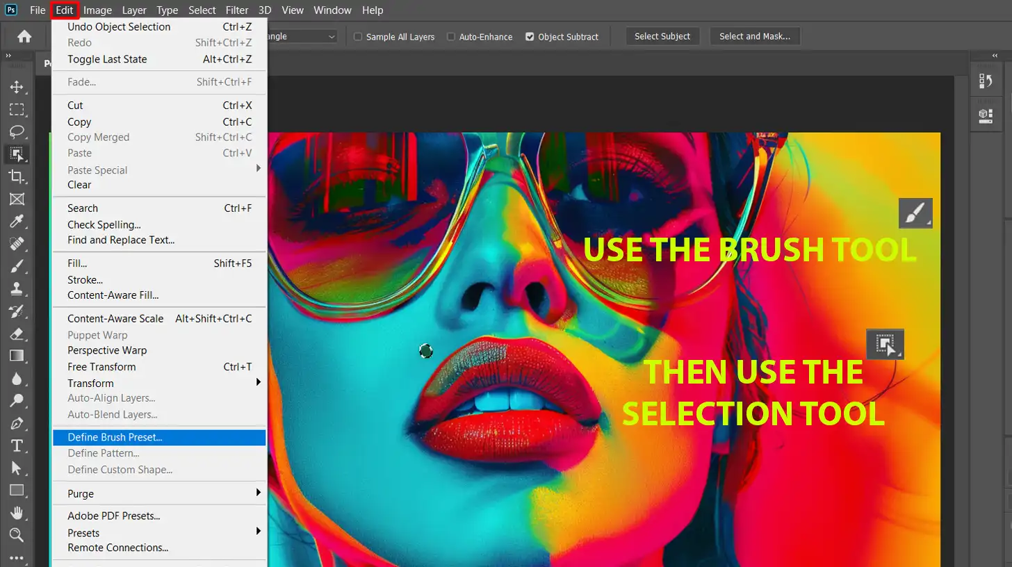 Photoshop interface with the Edit menu open, showing the Define Brush Preset option when turning pictures into pop art.