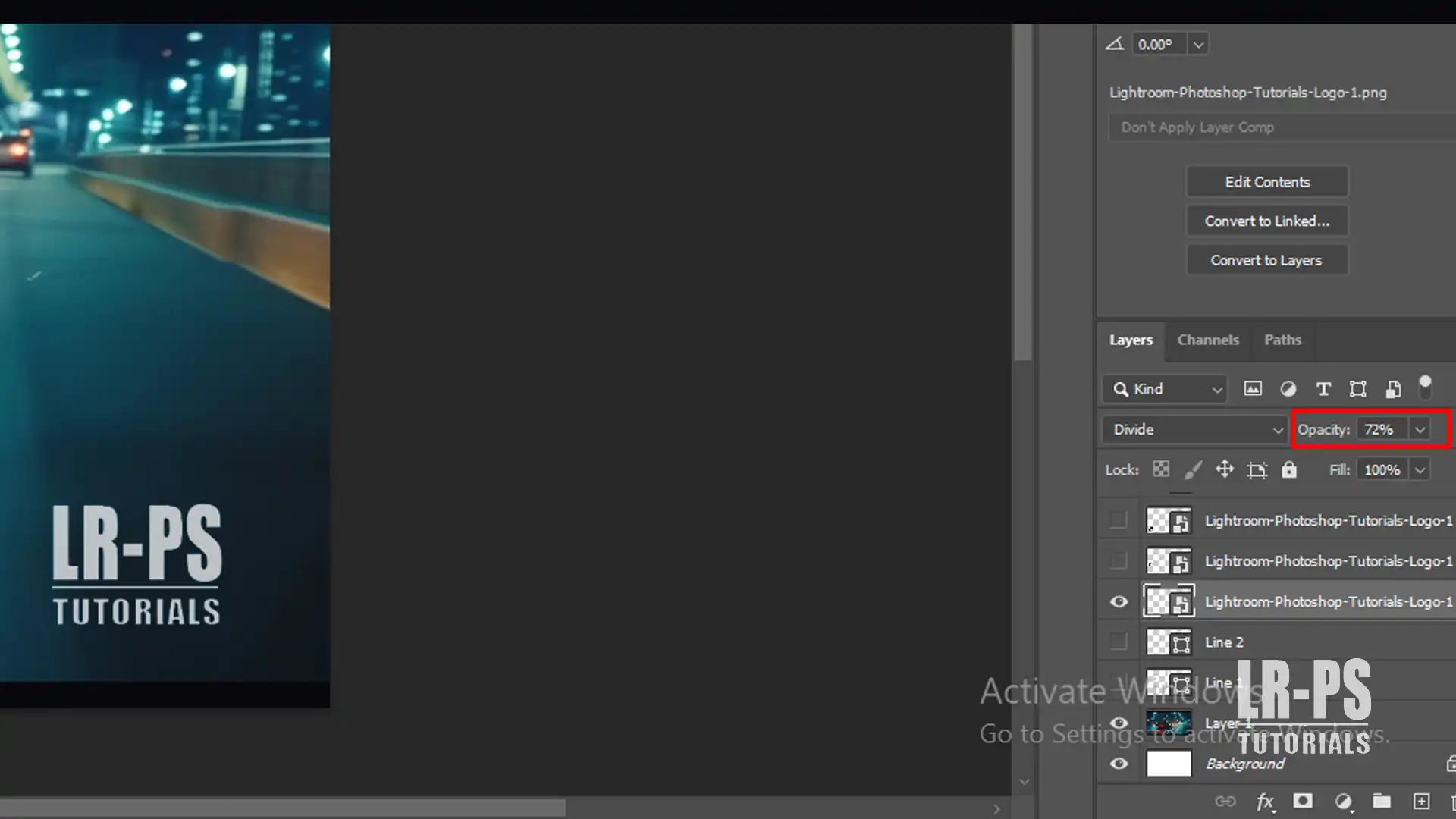 Photoshop workspace showing the opacity setting for a copyright watermark.