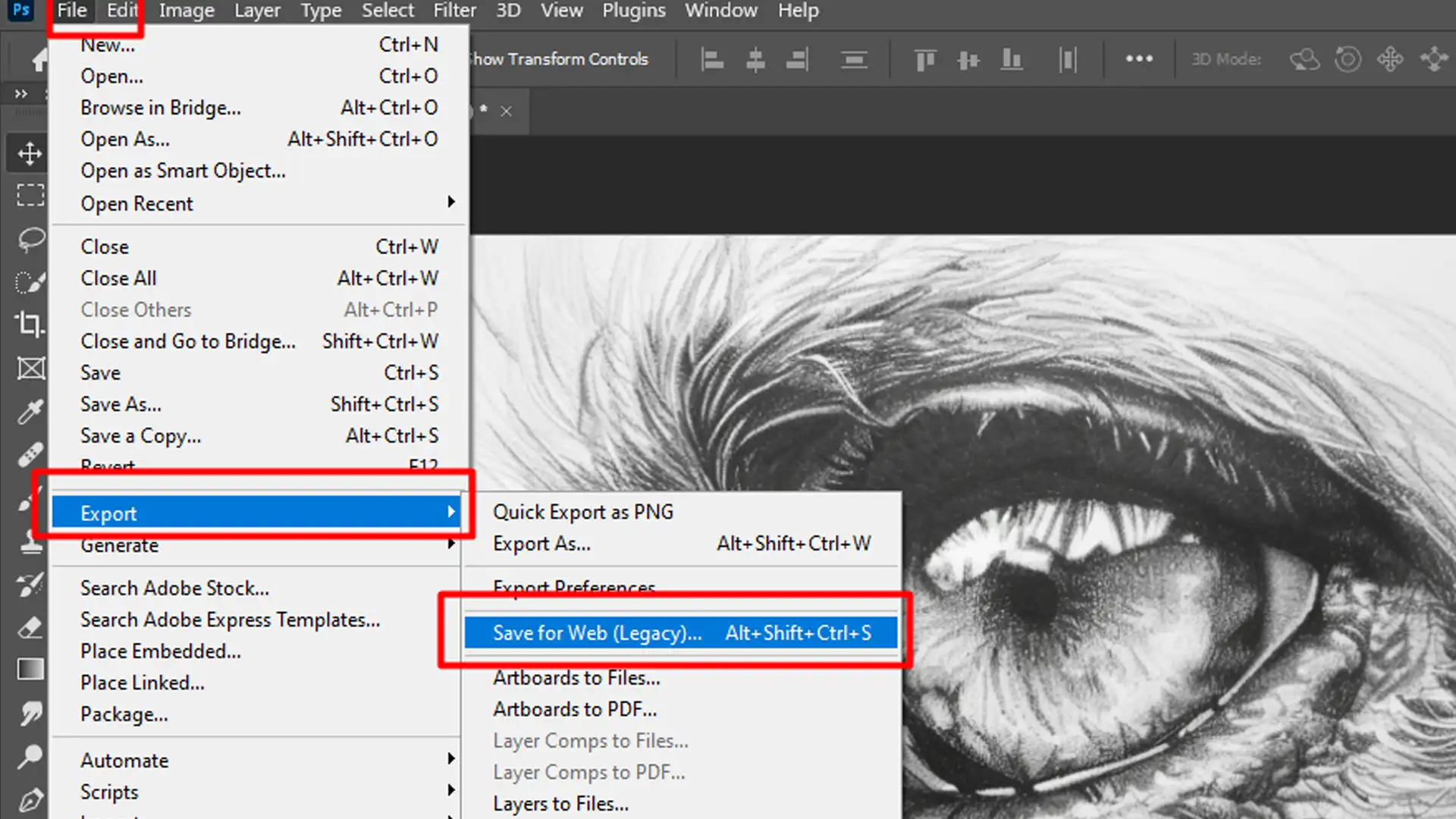 Adobe Photoshop interface showing the File menu with the Export and Save for Web (Legacy) options highlighted, demonstrating how to turn a photo into a sketch in Photoshop.