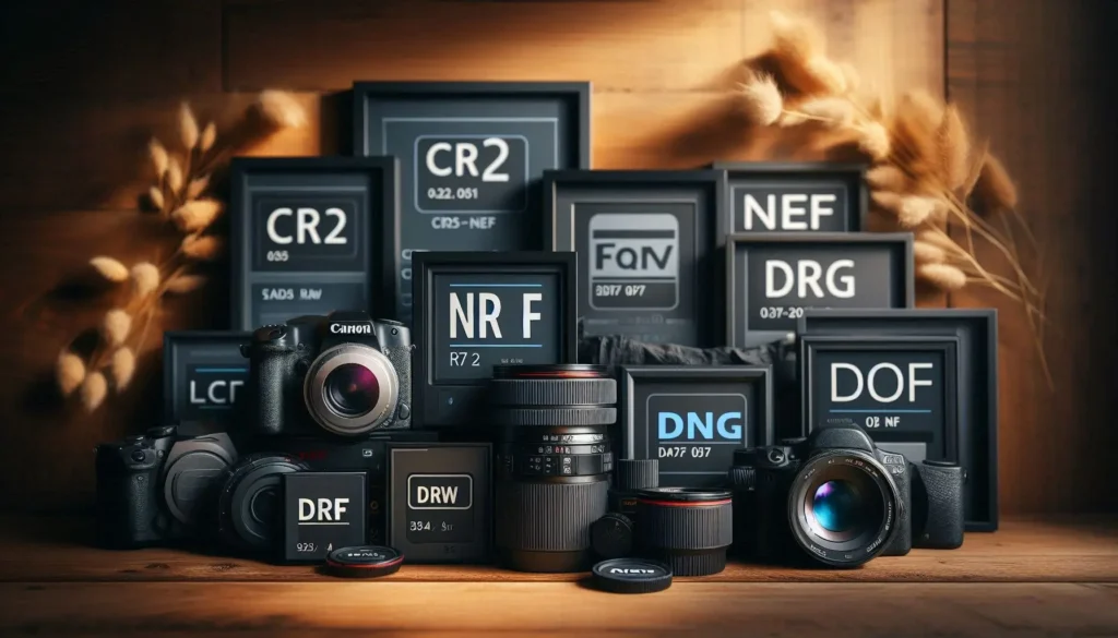 Artistic display of cameras and lenses with various format labels.