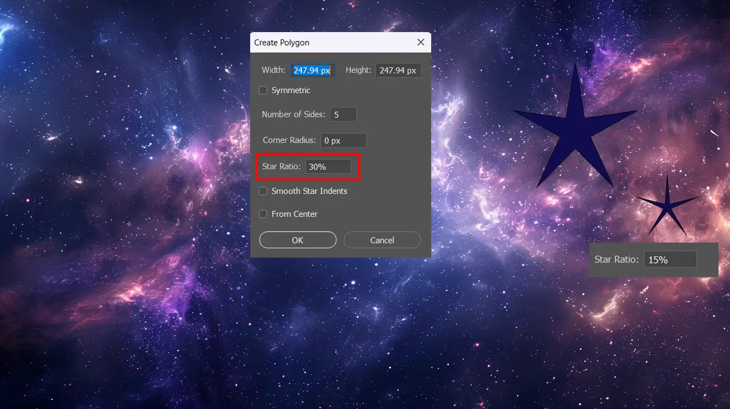 Photoshop interface showing the 'Create Polygon' dialog box with the 'Star Ratio' option highlighted, set against a cosmic background