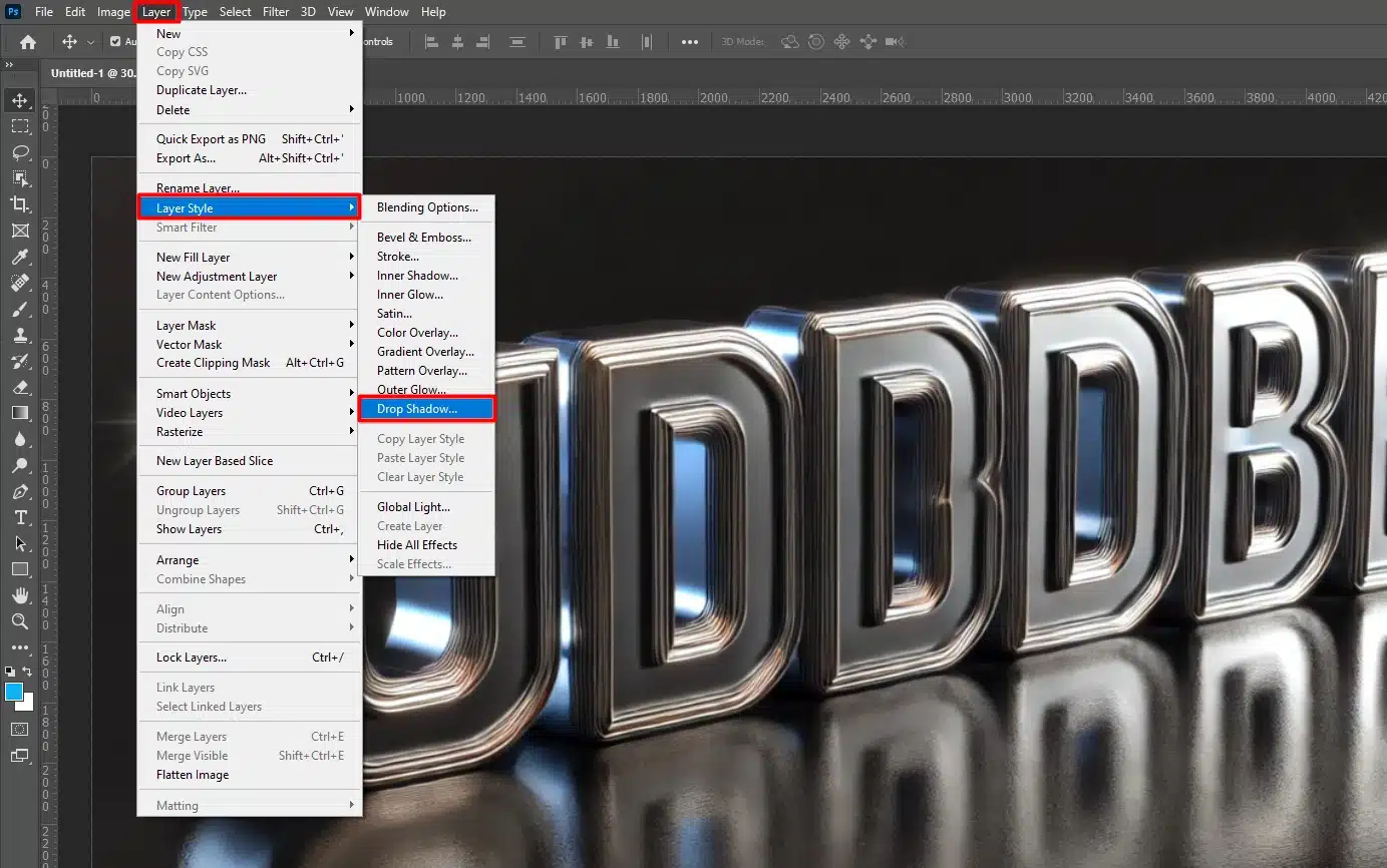 A screenshot of Photoshop's Layer Style menu, highlighting the option to add Drop Shadows to the 3D text effect displayed in the background.